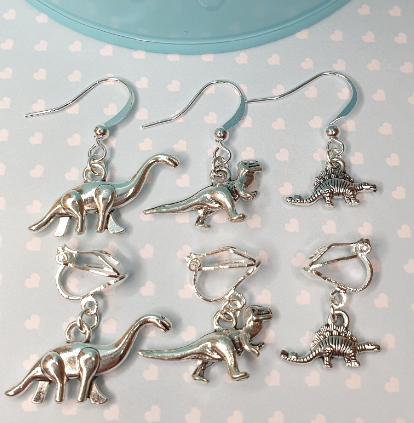 Silver Dinosaur Earrings - T Rex, Stegosaurus, Brontosaurus. Clip Ons, Hypoallergenic, Allergy, Lead, Nickel Free.