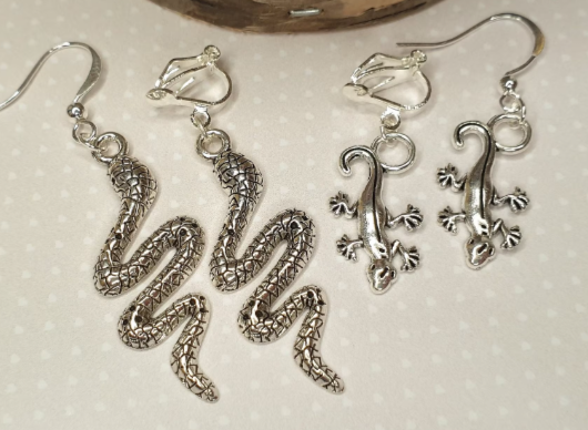 Snake and Gecko Lizard Silver Earrings. Animals, Reptiles. Clip On, Hypoallergenic, Allergy, Lead, Nickel Free