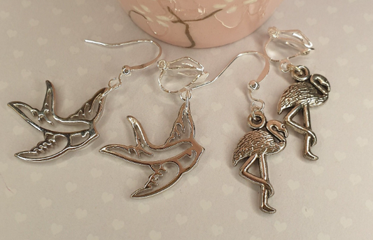 Swallow or Flamingo  Earrings Birds, Clip On, Hypoallergenic, Lead Nickel Allergy Free Traditional Tattoo Flamingos Mothers Day