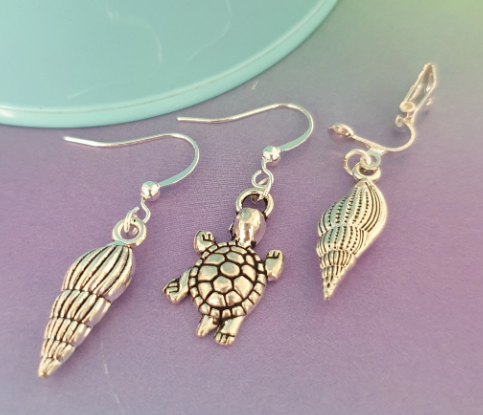 Turtle or 3D Seashell Silver Earrings. Shell, Beach, Sea, Summer, Gift. Clip Ons,  Hypoallergenic, Allergy, Lead,Nickel Free