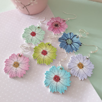 Wooden Daisy Type Flower Earrings. Colourful. Clip On, Hypoallergenic, Allergy, Lead, Nickel Free. Gift