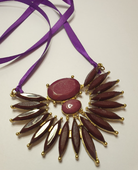 Purple Statement Ribbon Tie Bib Necklace. Recycled Piece. One of a Kind