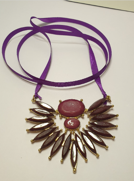 Purple Statement Ribbon Tie Bib Necklace. Recycled Piece. One of a Kind