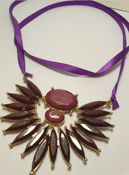 Purple Statement Ribbon Tie Bib Necklace. Recycled Piece. One of a Kind