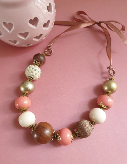 Bold Brown, White and Peach Beaded Ribbon Tie Necklace. Recycled One of a Kind Piece.