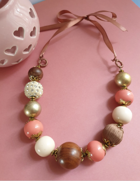 Bold Brown, White and Peach Beaded Ribbon Tie Necklace. Recycled One of a Kind Piece.