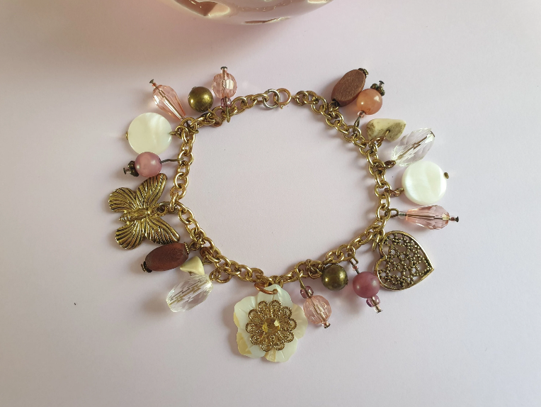 Gold Tone and Pink Charm Bracelet with Flower, Butterfly and Heart Charm. Recycled One of a Kind Piece