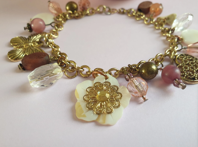 Gold Tone and Pink Charm Bracelet with Flower, Butterfly and Heart Charm. Recycled One of a Kind Piece