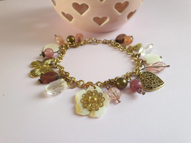 Gold Tone and Pink Charm Bracelet with Flower, Butterfly and Heart Charm. Recycled One of a Kind Piece