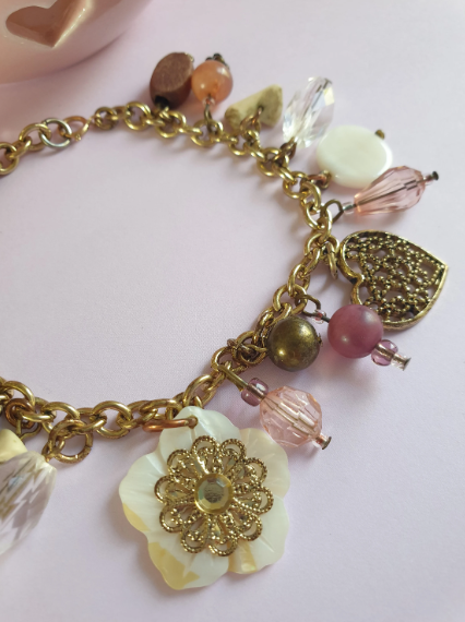 Gold Tone and Pink Charm Bracelet with Flower, Butterfly and Heart Charm. Recycled One of a Kind Piece