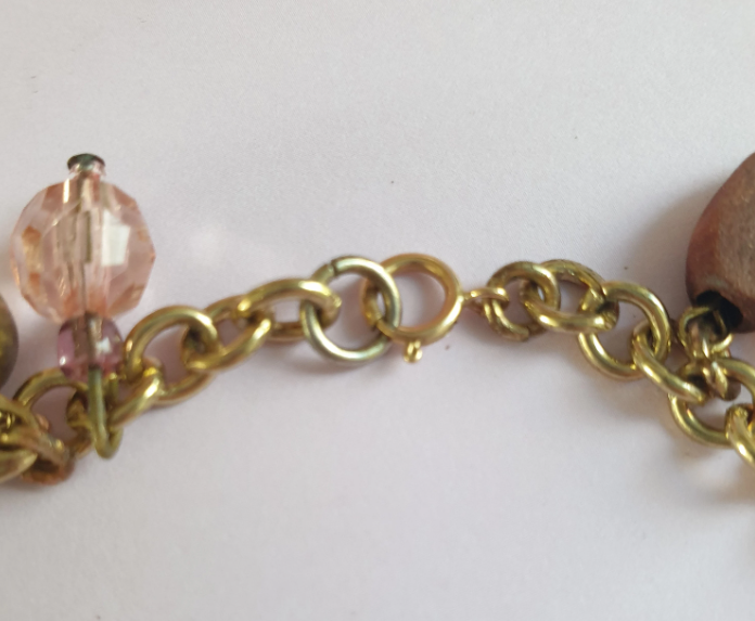 Gold Tone and Pink Charm Bracelet with Flower, Butterfly and Heart Charm. Recycled One of a Kind Piece