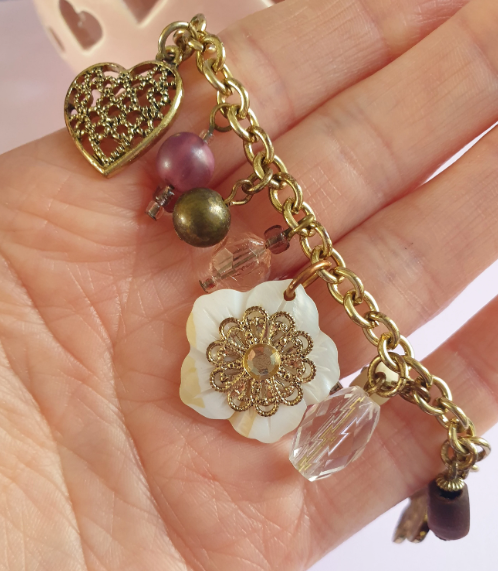 Gold Tone and Pink Charm Bracelet with Flower, Butterfly and Heart Charm. Recycled One of a Kind Piece