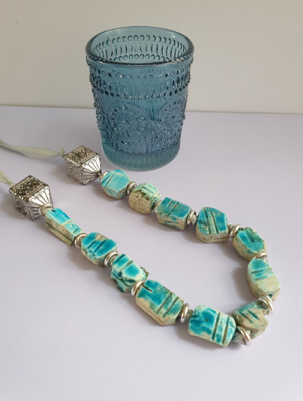 Turquoise Blue Scarab Beetle Ribbon Tie Necklace. Recycled One of a Kind Necklace