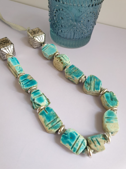 Turquoise Blue Scarab Beetle Ribbon Tie Necklace. Recycled One of a Kind Necklace