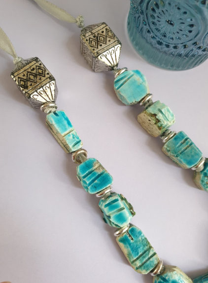 Turquoise Blue Scarab Beetle Ribbon Tie Necklace. Recycled One of a Kind Necklace