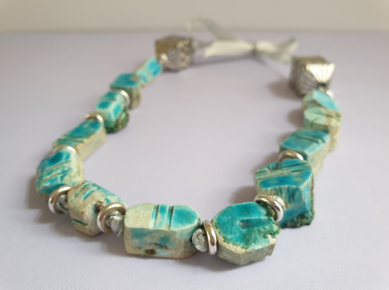 Turquoise Blue Scarab Beetle Ribbon Tie Necklace. Recycled One of a Kind Necklace