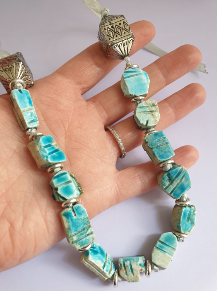 Turquoise Blue Scarab Beetle Ribbon Tie Necklace. Recycled One of a Kind Necklace