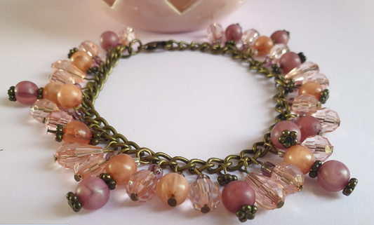 Pink and Bronze Beaded Charm Bracelet.  Recycled Jewellery