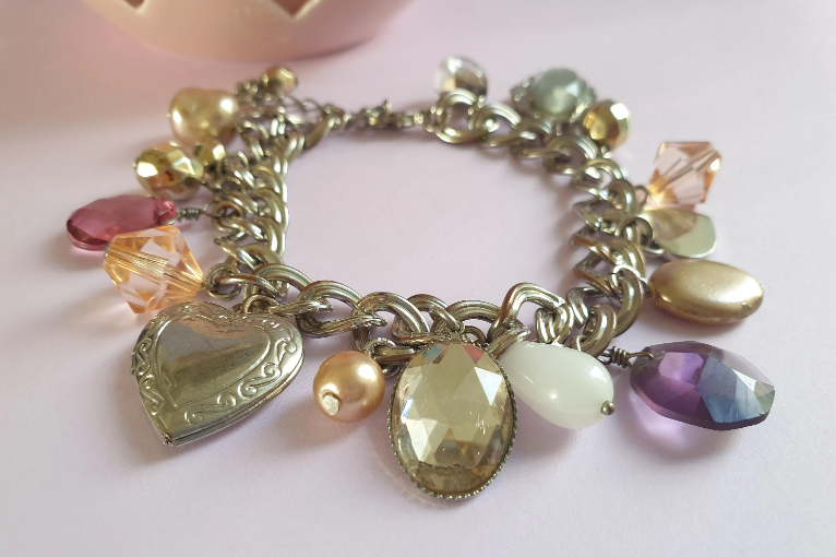 Silver Tone Beaded Charm Bracelet with Heart Locket.  Recycled Jewellery