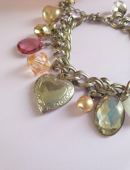 Silver Tone Beaded Charm Bracelet with Heart Locket.  Recycled Jewellery