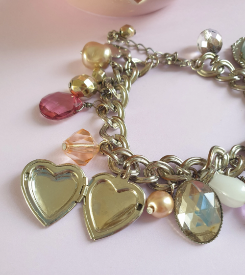 Silver Tone Beaded Charm Bracelet with Heart Locket.  Recycled Jewellery