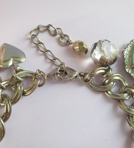 Silver Tone Beaded Charm Bracelet with Heart Locket.  Recycled Jewellery