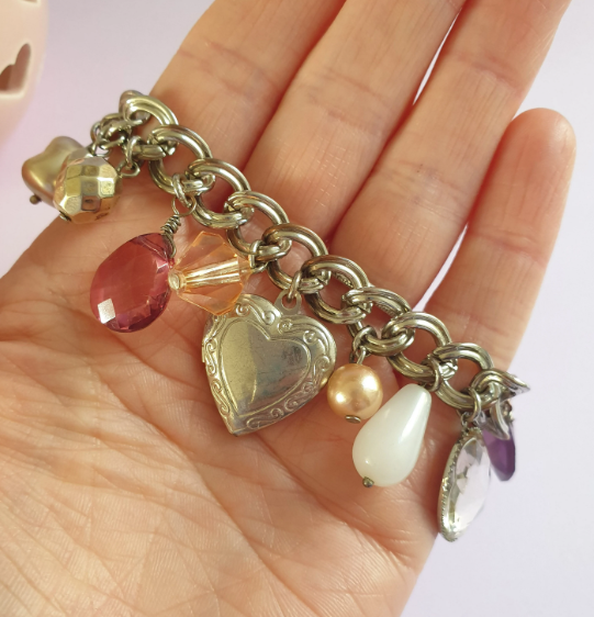 Silver Tone Beaded Charm Bracelet with Heart Locket.  Recycled Jewellery