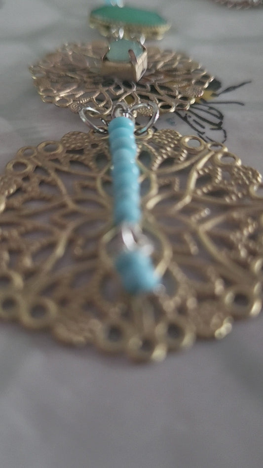 Gold Tone and Turquoise Mandala Style Statement Necklace. Upcycled Necklace. Eco Friendly Jewellery