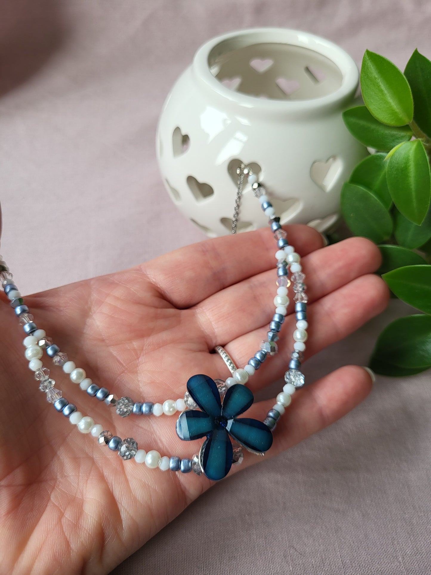 Upcycled Navy Blue and White Flower Beaded Necklace