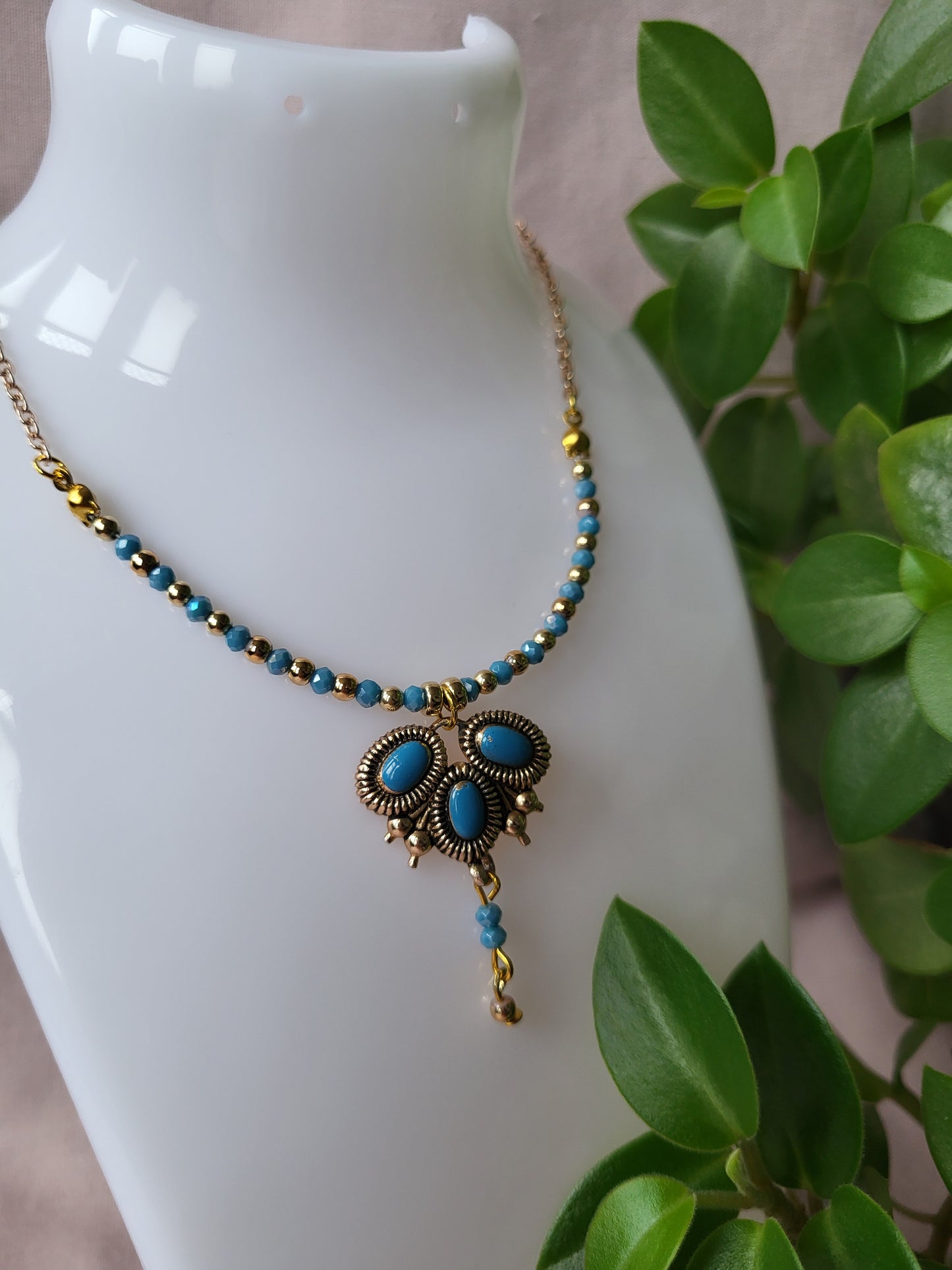 Gold and Duck Egg Blue Dainty Upcycled Necklace