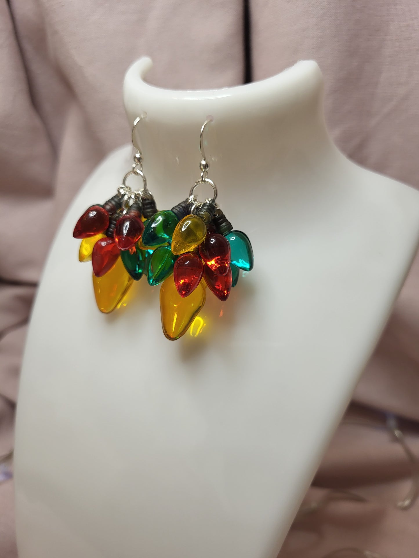 Gold, Red and Green Christmas Light Statement Earrings. Clip On or Nickel Free Wires. Novelty Christmas Jewellery. Fun Earrings.