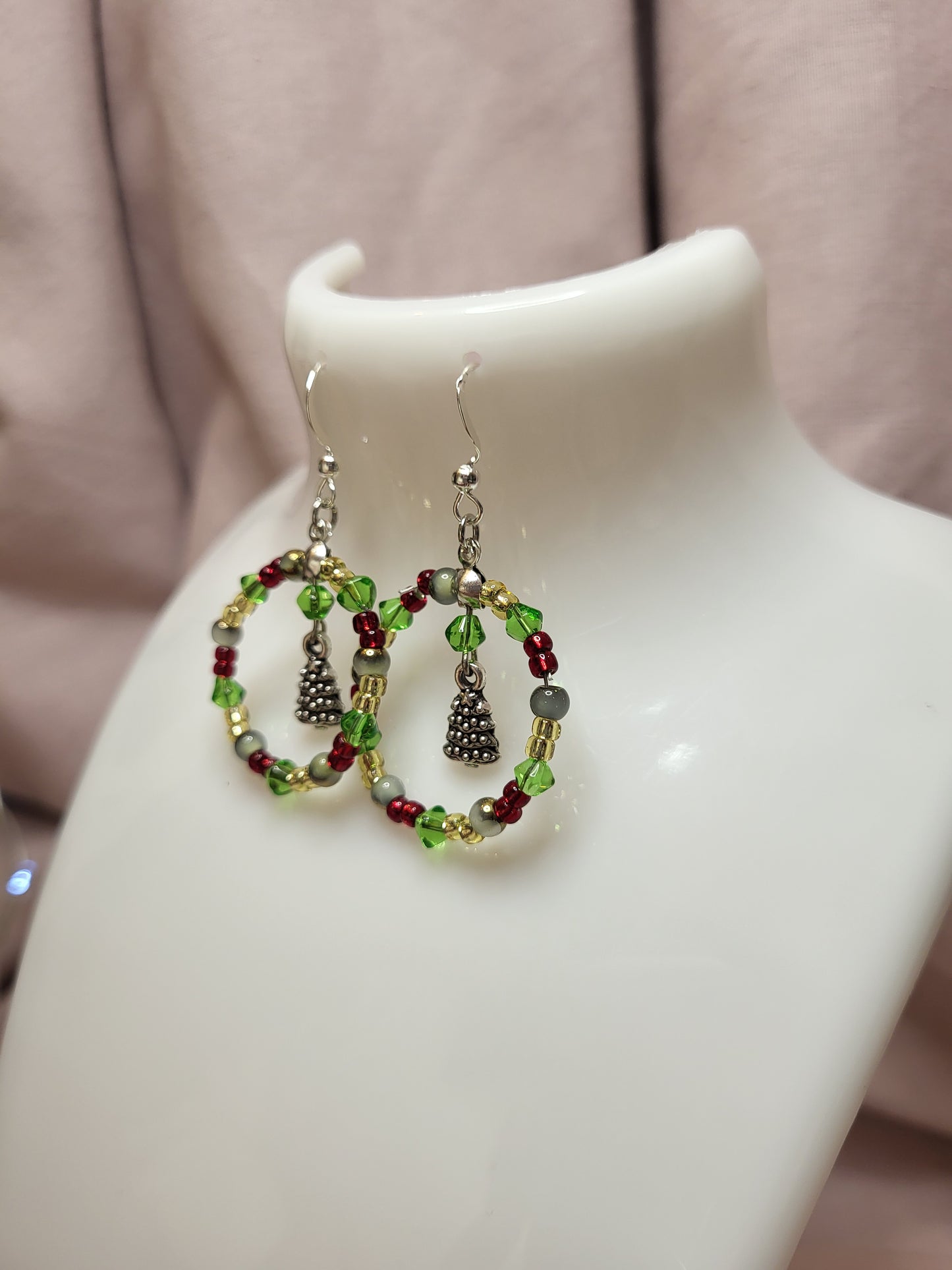 Green, Red and Gold Beaded Christmas Tree Ring Earrings. Clip On or Nickel Free. One of a Kind