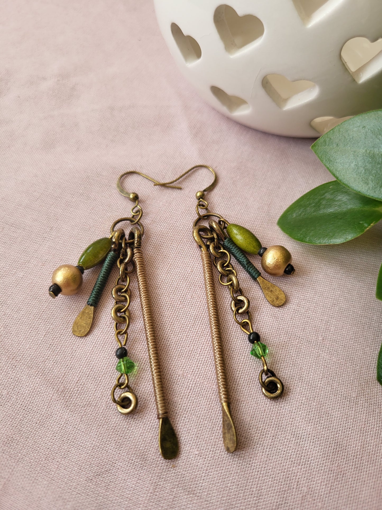 Upcycled Multistrand Gold and Green One of a Kind Earrings. Clip On or Nickel Free Wires