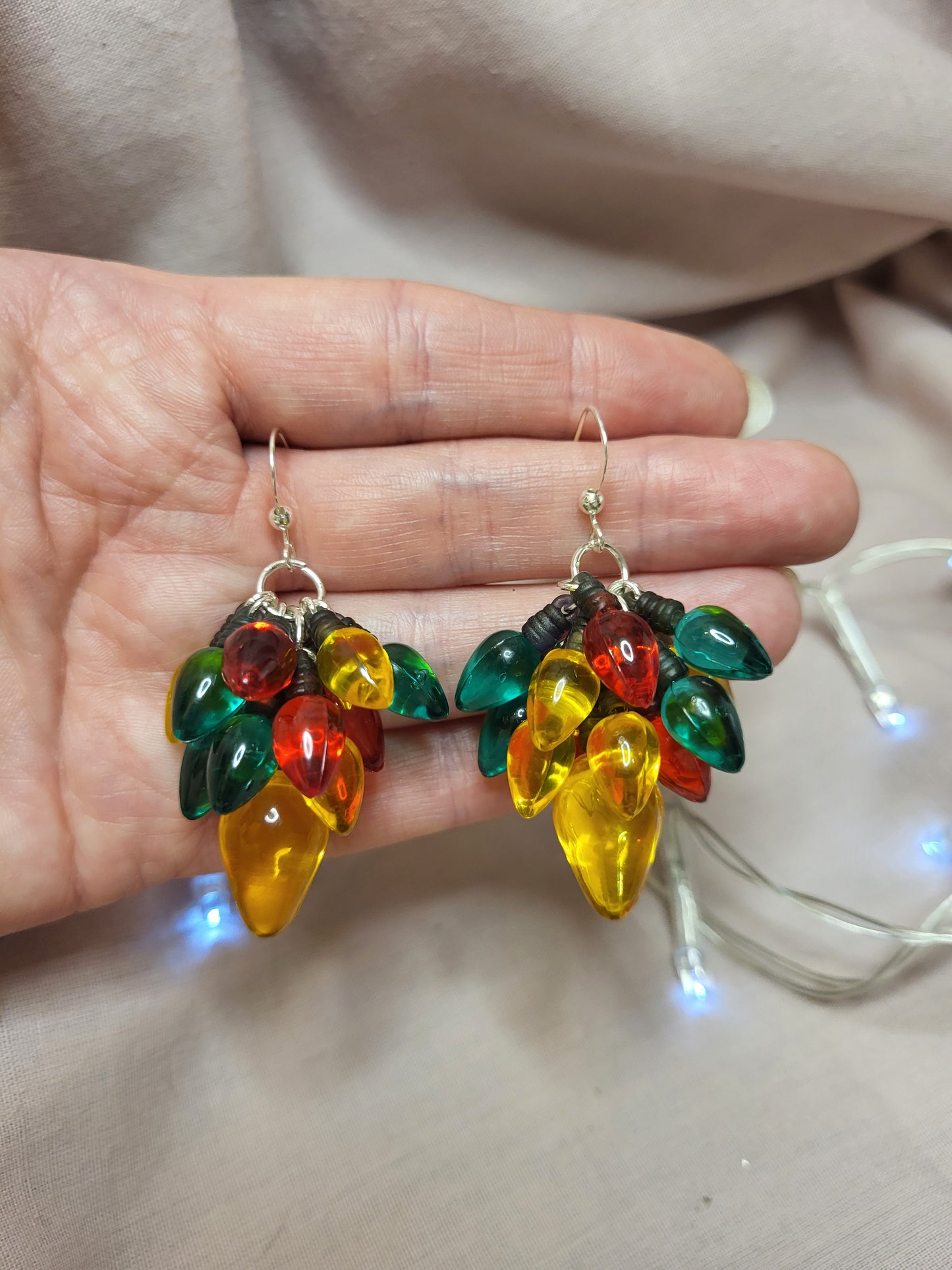 Gold, Red and Green Christmas Light Statement Earrings. Clip On or Nickel Free Wires. Novelty Christmas Jewellery. Fun Earrings.