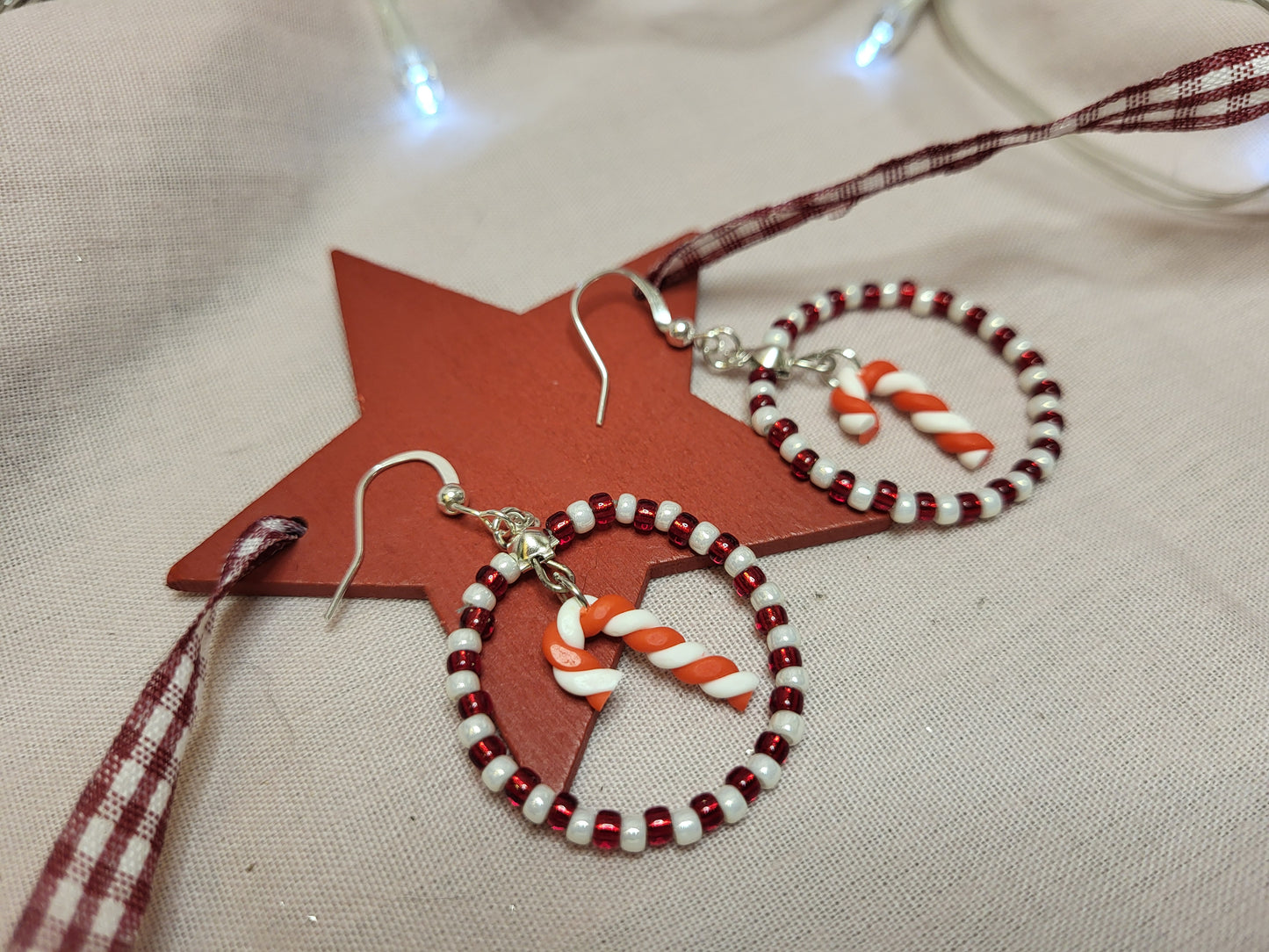 Red and White Candy Cane Beaded Ring Earrings. Clip On or Nickel Free Wires. Christmas  Earrings. One of a Kind.