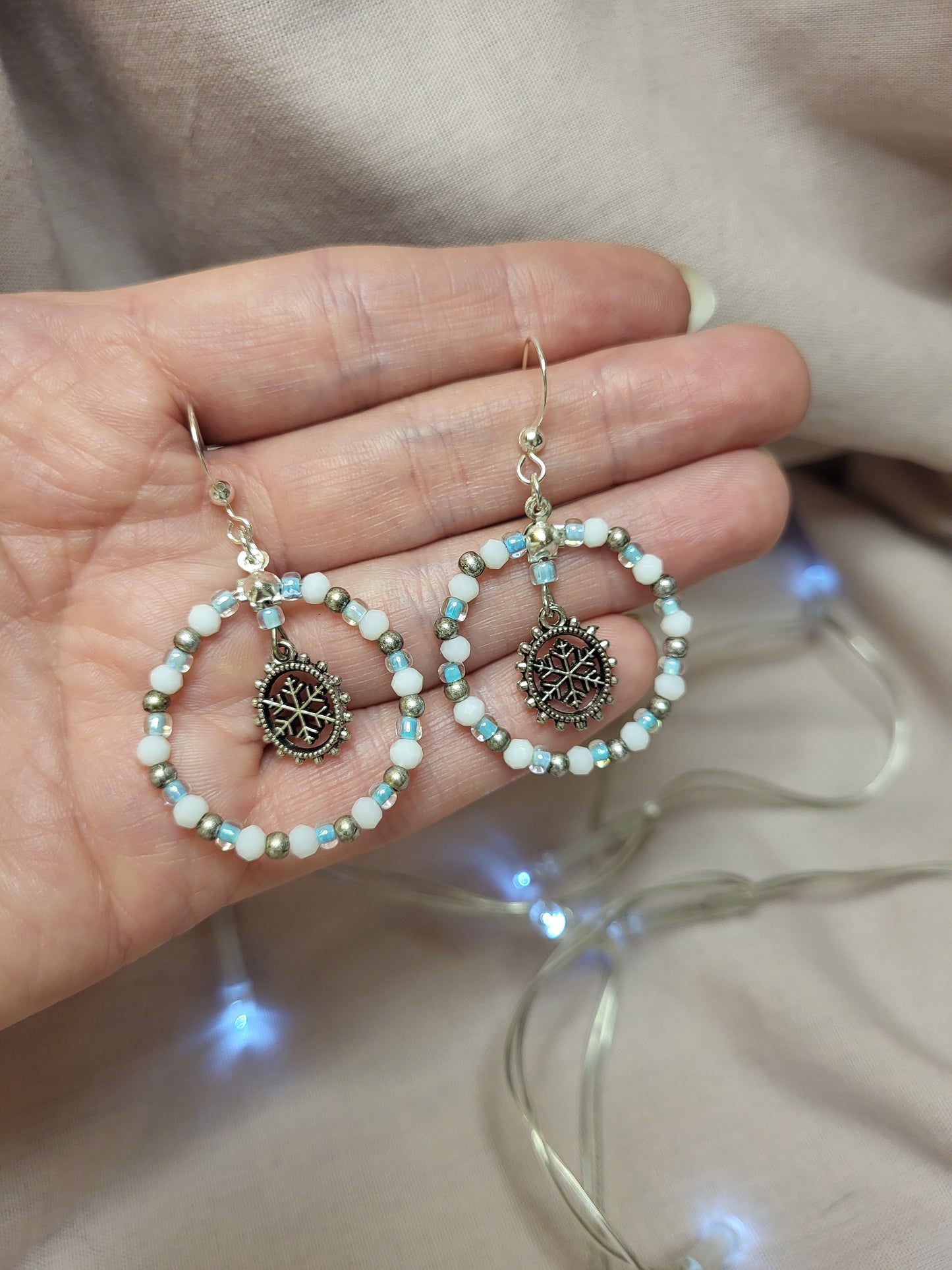 Blue, White and Silver Snowflake Beaded Ring Earrings. Clip On or Nickel Free Wires. Christmas Earrings. Xmas Jewellery