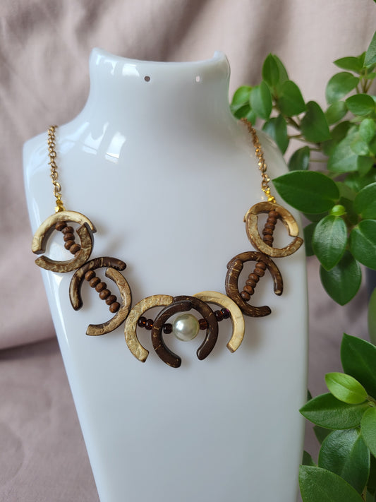 One of a Kind Upcycled Wooden Bib Necklace with Faux Pearl Detail