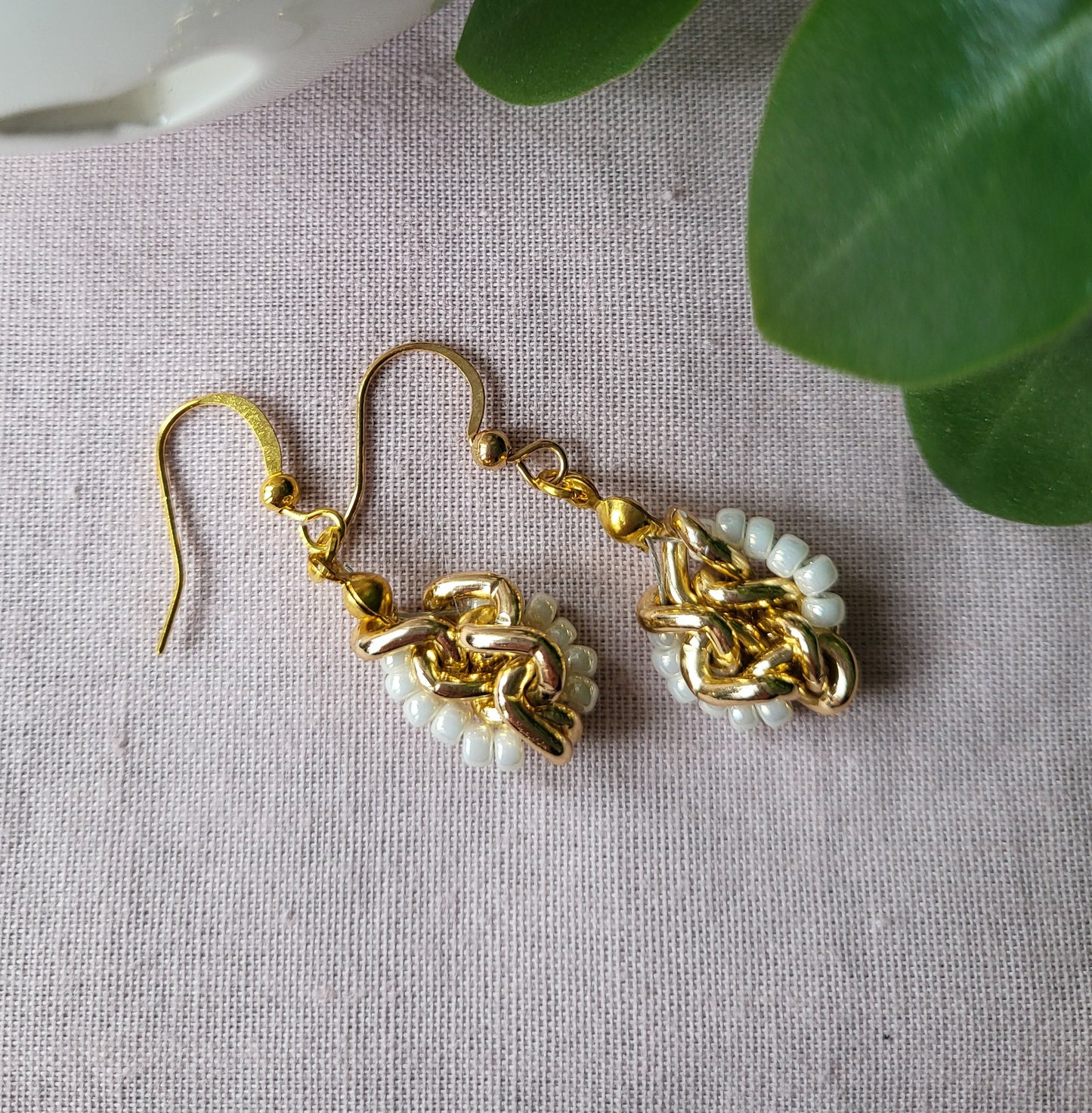 Gold and White Upcycled Earrings. Clip on or Wires