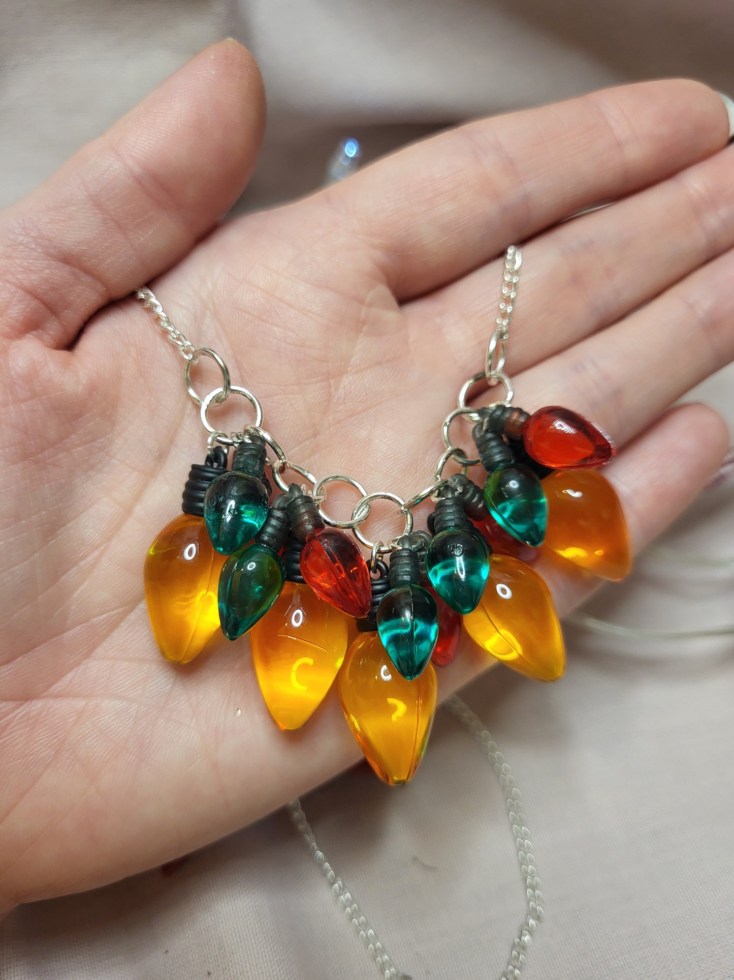 Gold, Red and Green Christmas Lights Statement Bib Necklace. Christmas Jewellery Jewelry. Statement Christmas Jewellery