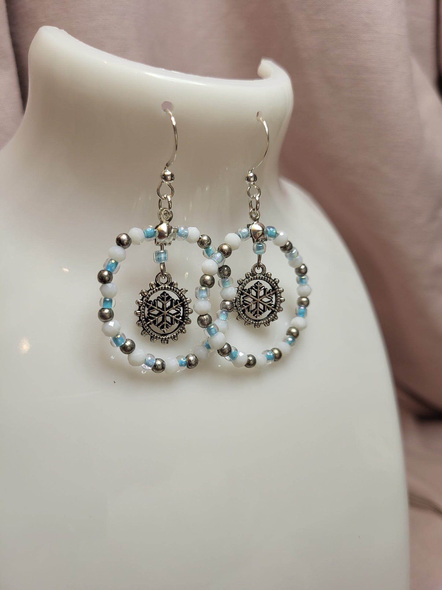 Blue, White and Silver Snowflake Beaded Ring Earrings. Clip On or Nickel Free Wires. Christmas Earrings. Xmas Jewellery