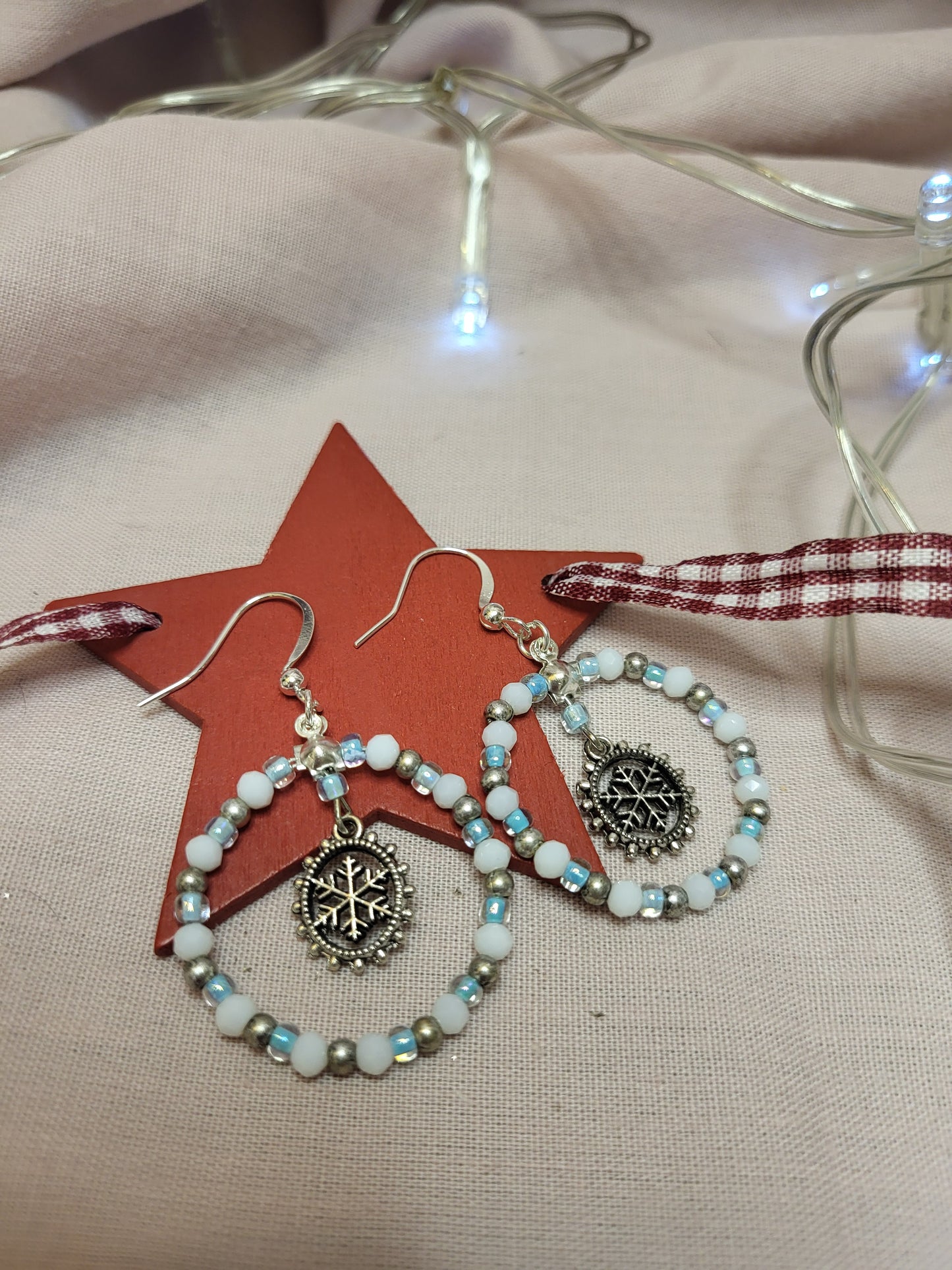 Blue, White and Silver Snowflake Beaded Ring Earrings. Clip On or Nickel Free Wires. Christmas Earrings. Xmas Jewellery