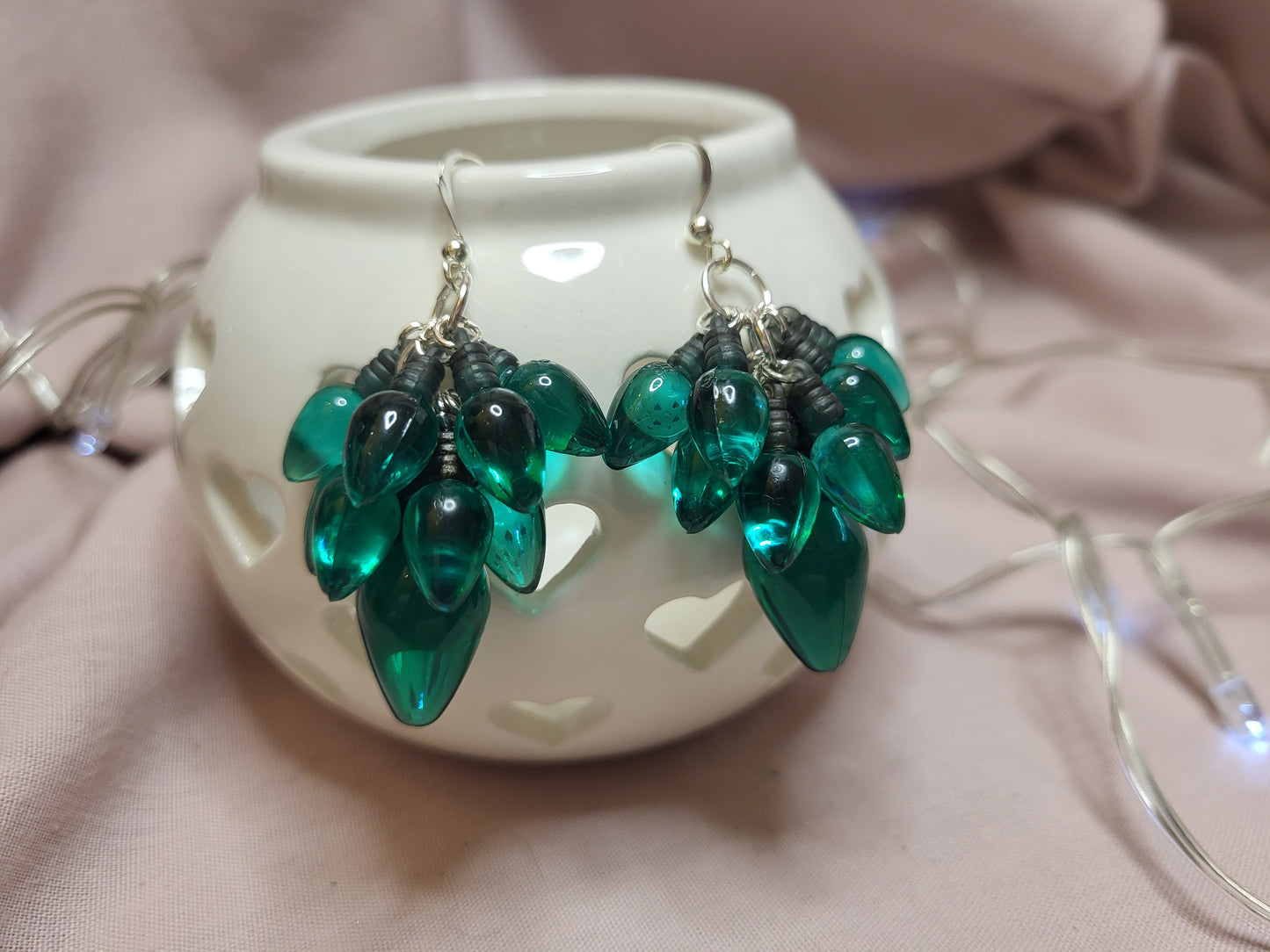 Green Christmas Light Statement Earrings. Clip On or Nickel Free Wires. Christmas Jewellery. Fairy Lights