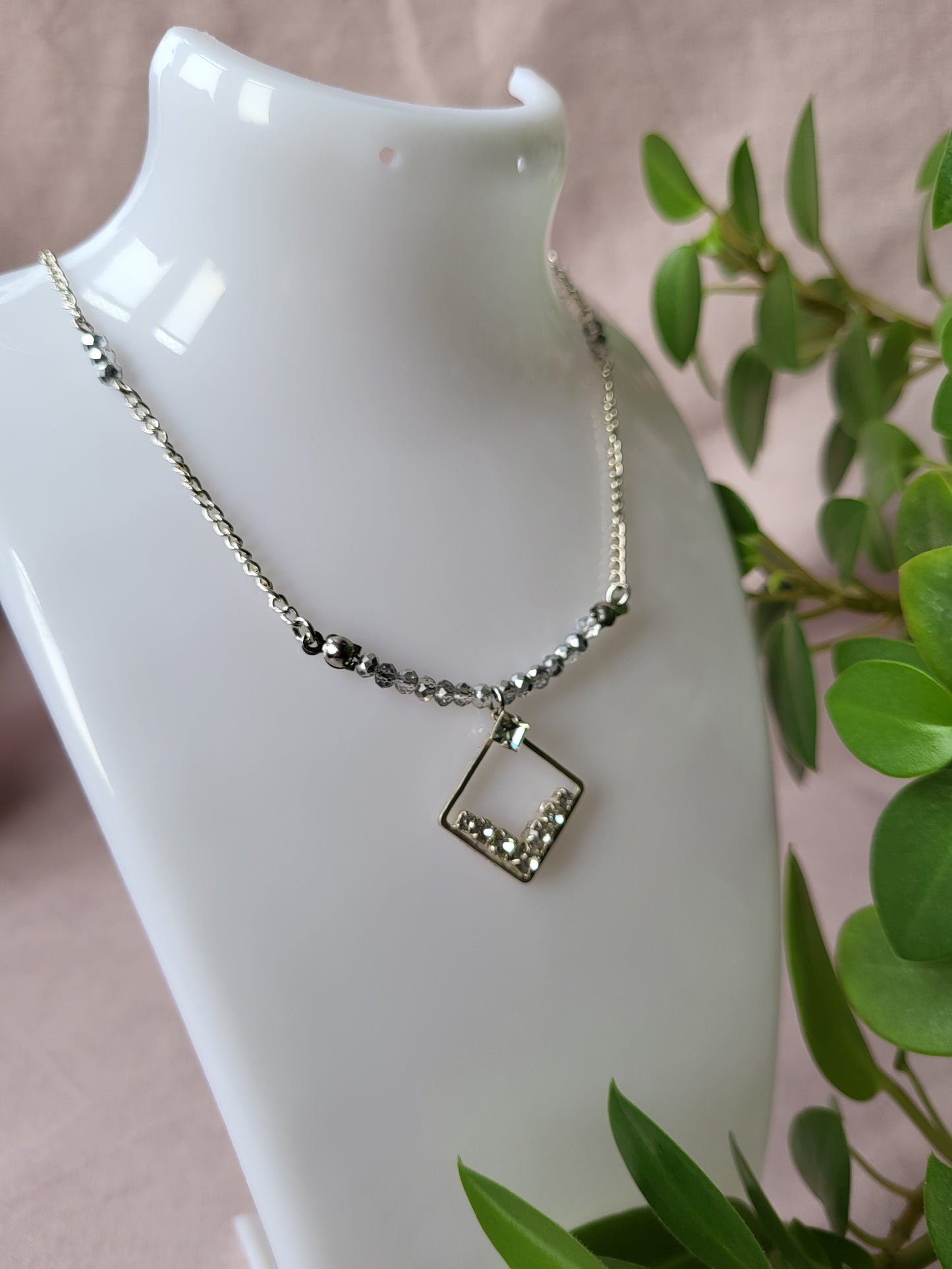 Upcycled Dainty Diamante Pendant Necklace with Beaded Details