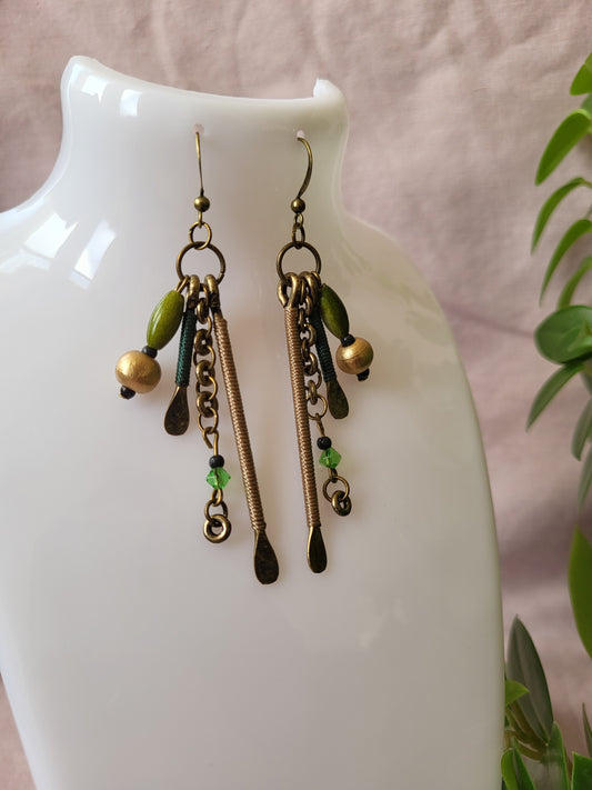 Upcycled Multistrand Gold and Green One of a Kind Earrings. Clip On or Nickel Free Wires
