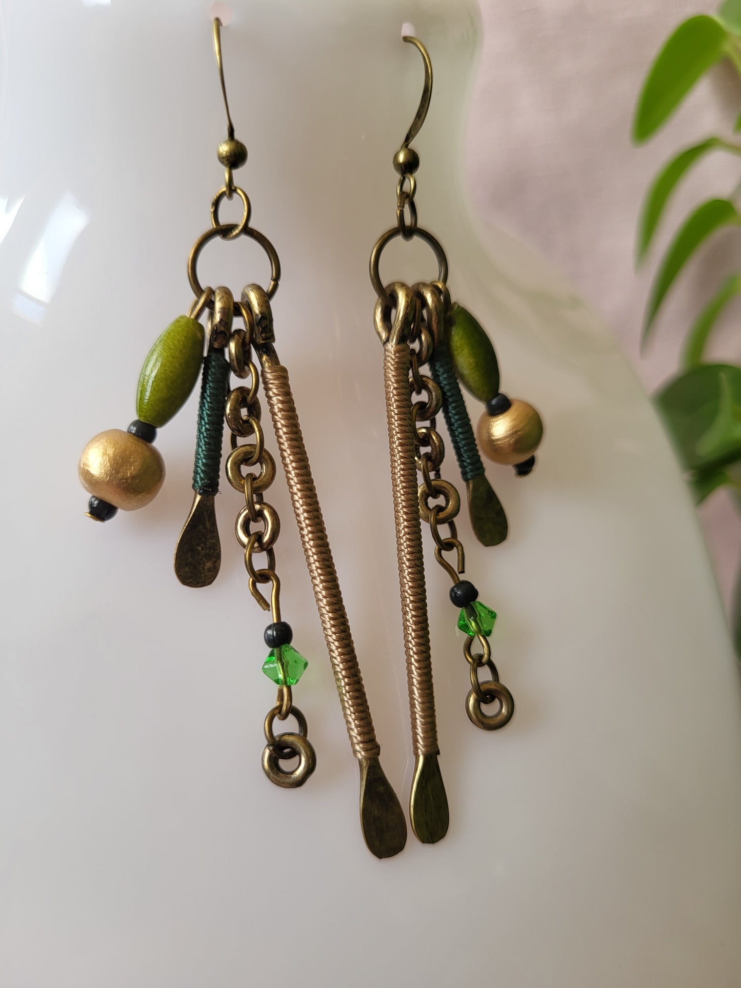 Upcycled Multistrand Gold and Green One of a Kind Earrings. Clip On or Nickel Free Wires