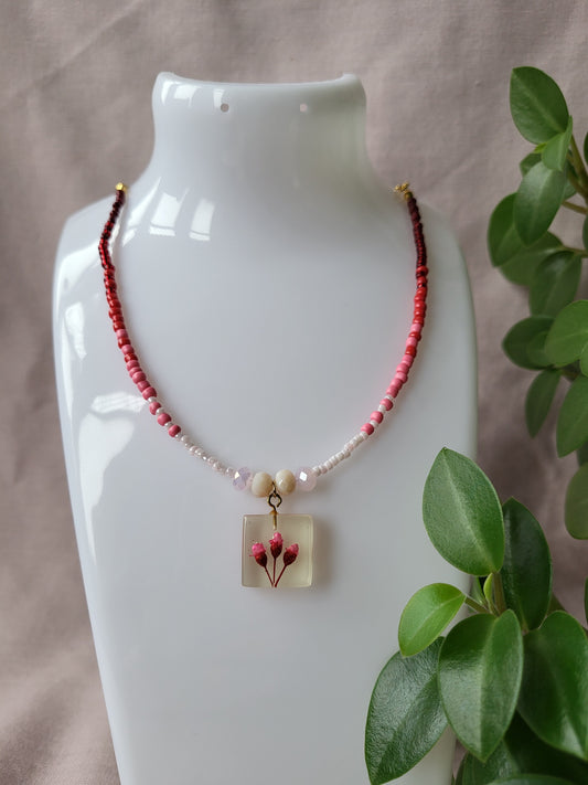 Red, Pink and White Floral Dainty Beaded Upcycled Necklace