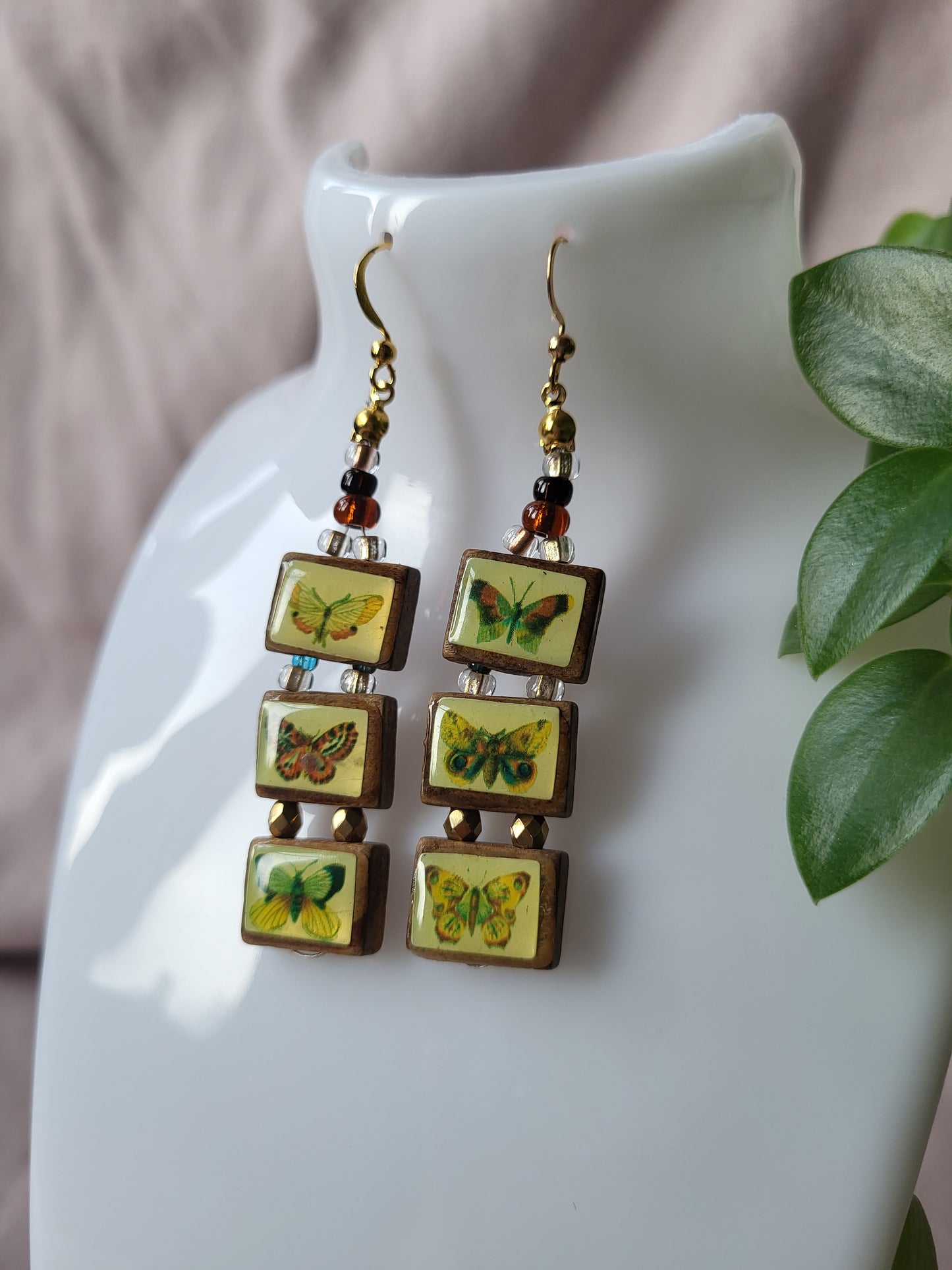 Upcycled Wooden Butterfly Statement Earrings with Bead Detail. Nickel Free Wires or Clip On