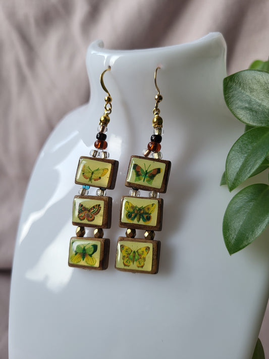 Upcycled Wooden Butterfly Statement Earrings with Bead Detail. Nickel Free Wires or Clip On
