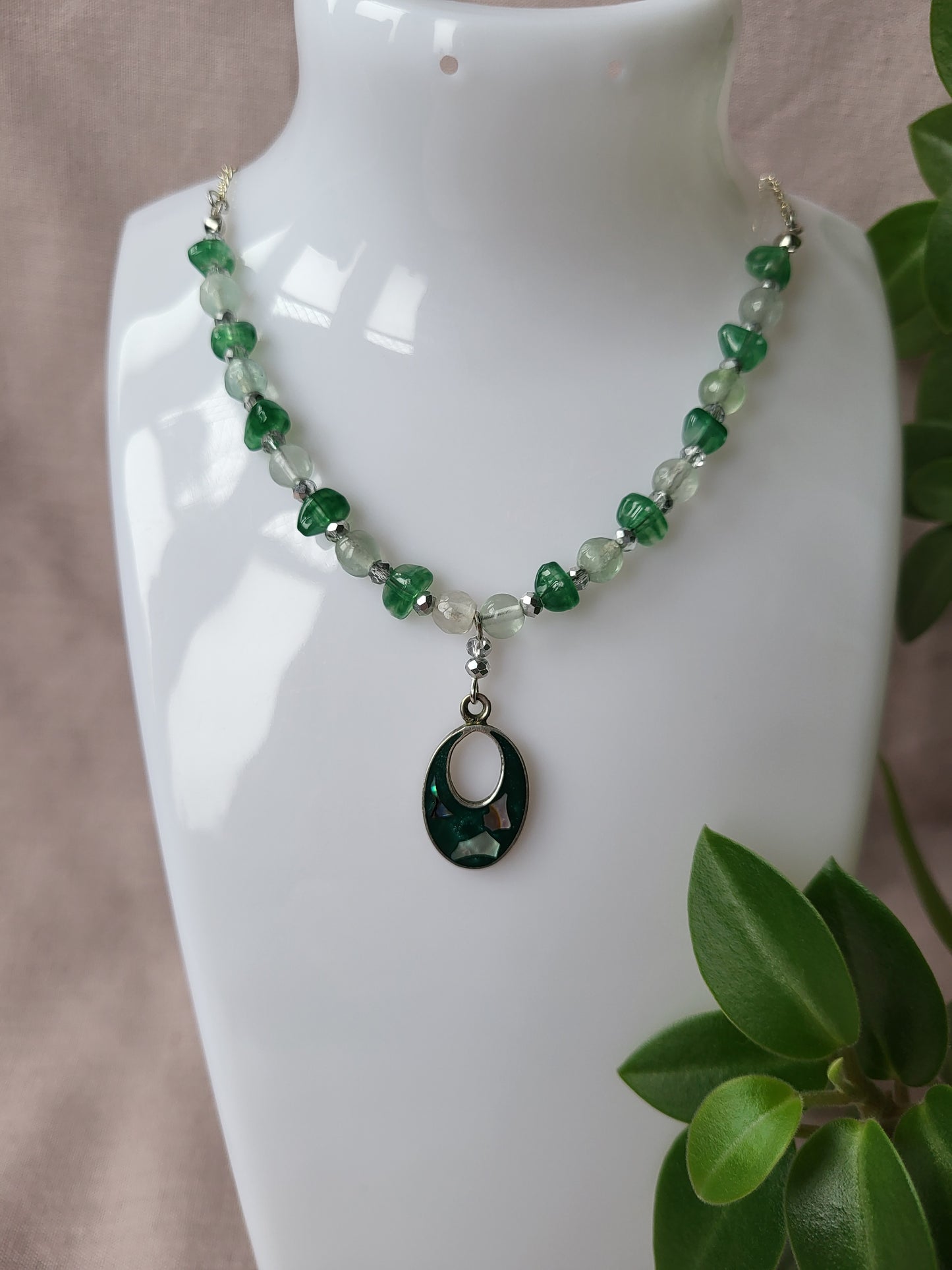 Green and Silver Upcycled Beaded Necklace with Shell Inlay Pendant