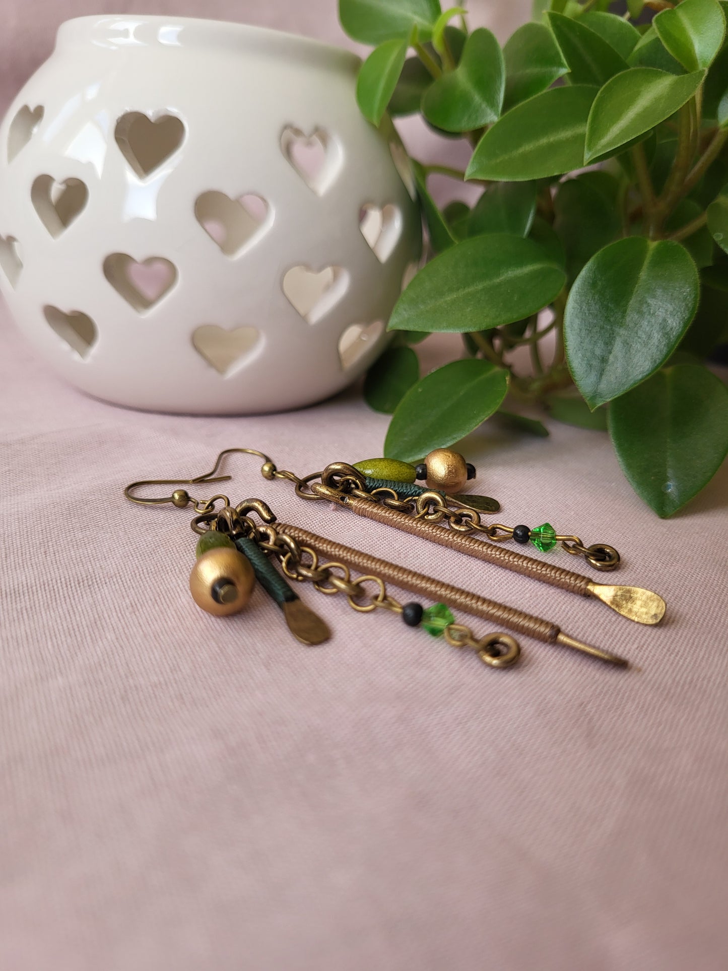 Upcycled Multistrand Gold and Green One of a Kind Earrings. Clip On or Nickel Free Wires